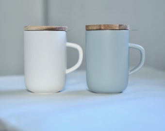 Grand Mugs jaune, bleu clair et blanc avec filtre et couvercle en bois, Tasse en grès, Mug à thé, tisanière