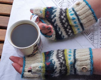 Alpaca wool fair isle fingerless mittens