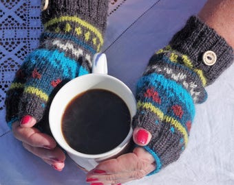 Alpaca & wool fair isle fingerless mittens
