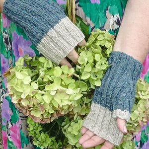 Hand knitted luxurious cashmere-merino fingerless glove/mittens in plum or blue with cream. Handmade gift Birthday, Valentines for him/her