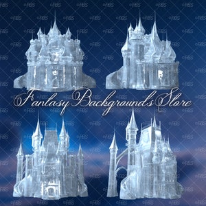 May include: Four transparent, ice-like castles with intricate architectural details are displayed against a blue background. The castles have spires, turrets, and arched windows. The text "Fantasy Backgrounds Store" is written in cursive.