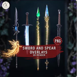 May include: An image showcasing five fantasy sword and spear overlays. The weapons feature intricate designs with various colors, including silver, blue, green, and gold. The text "SWORD AND SPEAR OVERLAYS 3D RENDER" is displayed on a red banner.
