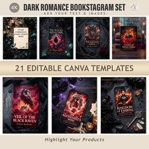 May include: A set of 21 editable Canva templates titled Dark Romance Bookstagram Set, featuring dark, gothic-themed book cover designs with titles like The Witch's Reflection, The Raven's Oath, Crown of Velvet Ashes, Veil of the Black Raven, and Kingdom of Embers.