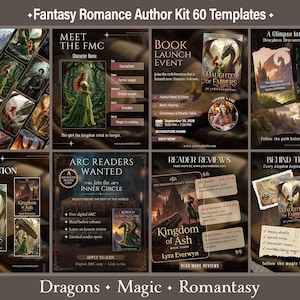 May include: A digital collection of 60 fantasy romance author templates featuring book launch event flyers, character profiles, reader review graphics, and behind-the-scenes posts. The designs include dragon illustrations, dark aesthetic backgrounds, and text.