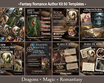 May include: A digital collection of 60 fantasy romance author templates featuring book launch event flyers, character profiles, reader review graphics, and behind-the-scenes posts. The designs include dragon illustrations, dark aesthetic backgrounds, and text.