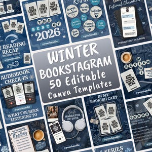 May include: A collection of 50 editable Canva templates for social media featuring a dark blue winter theme. The designs include layouts for book reviews, reading trackers, audiobook logs, and reading challenges with placeholders for book covers.