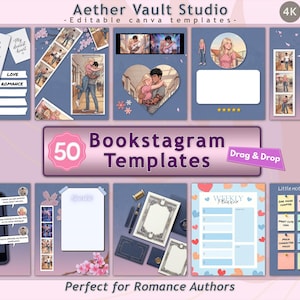 May include: A collection of 50 Bookstagram templates with a romance theme. The templates include various designs, such as notebook pages, phone mockups, and weekly planners. The text includes "Love Romance" and "Perfect for Romance Authors."
