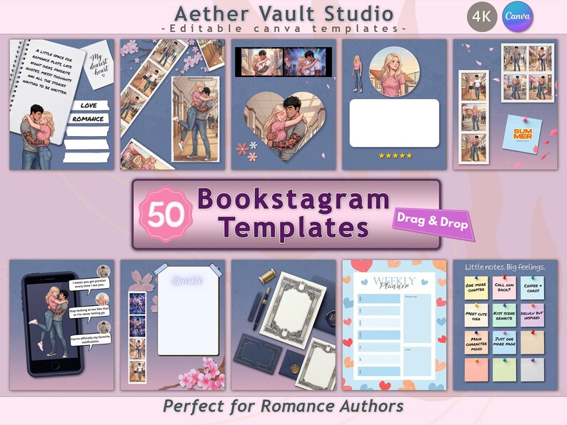 May include: A collection of 50 Bookstagram templates with a romance theme. The templates include various designs, such as notebook pages, phone mockups, and weekly planners. The text includes "Love Romance" and "Perfect for Romance Authors."