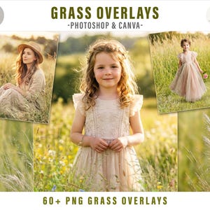 May include: An advertisement for grass overlays for Photoshop and Canva. The image features three photos of people in a field of tall grass, with the text "GRASS OVERLAYS" and "60+ PNG GRASS OVERLAYS". The photos are in a warm, natural color palette.