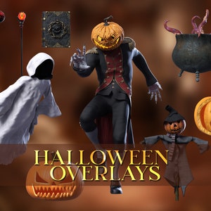 May include: A collection of Halloween themed digital overlays, including a ghost, a pumpkin-headed man, a cauldron with tentacles, a scarecrow, and several pumpkins. The text "HALLOWEEN OVERLAYS" is displayed in the center of the image.