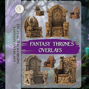 Op de afbeelding: Een verzameling fantasy troon overlays in goud- en bruintinten. De ontwerpen omvatten draken, leeuwen en Keltische knoopmotieven. De tekst op de afbeelding luidt "Digital Backdrops Fantasy Overlays" en "Fantasy Thrones Overlays".
