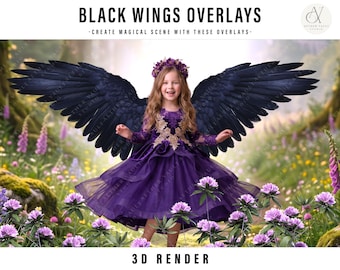 Digitale zwarte vleugels, digitale vleugels, digitale overlays, Angel Black Wings, png-vleugels, Photoshop-overlay