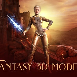 Puede incluir: Un personaje femenino de fantasía con armadura dorada sosteniendo una espada azul brillante, de pie frente a un castillo de piedra con un dragón en primer plano. El texto "Fantasy 3D Model" está en la parte inferior de la imagen.