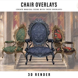 Op de afbeelding: Drie sierlijke stoelen met ingewikkelde ontwerpen en bekleding worden getoond. De stoelen omvatten een groen en gouden stoel, een zwarte stoel en een stoel met rode rozen. De tekst "CHAIR OVERLAYS" en "3D RENDER" zijn zichtbaar.