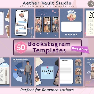 May include: A collection of 50 Bookstagram templates with a purple and blue color scheme. The templates include phone mockups, a calendar for 2026, review sections, and graphics. Text includes "Aether Vault Studio", "Bookstagram Templates", and "Perfect for Romance Authors".