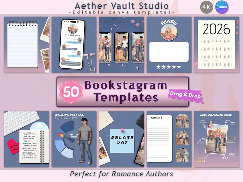 May include: A collection of 50 Bookstagram templates with a purple and blue color scheme. The templates include phone mockups, a calendar for 2026, review sections, and graphics. Text includes "Aether Vault Studio", "Bookstagram Templates", and "Perfect for Romance Authors".