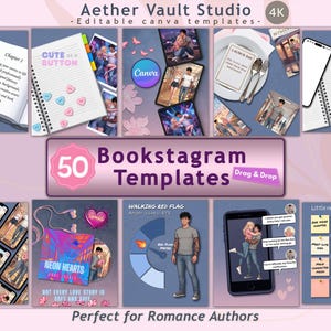 May include: A promotional image for "Aether Vault Studio" featuring 50 Bookstagram templates. The design includes various mockups of phone screens, notebooks, and other stationery, with the text "Perfect for Romance Authors" at the bottom.