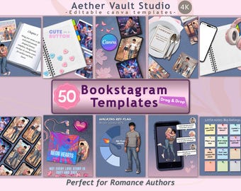 May include: A promotional image for "Aether Vault Studio" featuring 50 Bookstagram templates. The design includes various mockups of phone screens, notebooks, and other stationery, with the text "Perfect for Romance Authors" at the bottom.