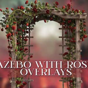 May include: A wooden gazebo archway covered in red roses. The archway is made of wood with a lattice design. The roses are in full bloom and are climbing up the archway. The text "Gazebo with Roses Overlays" is printed on a red banner below the archway.
