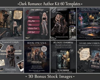 May include: A digital marketing kit for authors featuring 60 templates and 30 stock images. The layout includes dark-themed graphics for character profiles, book sales, release announcements, and story discussions with text overlays and illustrations.