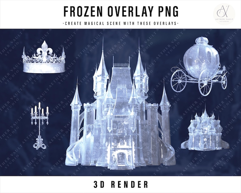 May include: A digital art image featuring a collection of transparent, icy-blue 3D rendered elements. Includes a castle, crown, carriage, and candelabra, with the text "FROZEN OVERLAY PNG" and "CREATE MAGICAL SCENE WITH THESE OVERLAYS".
