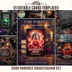 May include: A collection of 21 editable Canva templates for a dark romance bookstagram set. The images feature book covers titled The Alchemist's Bride, Serpent of the Emerald Throne, The Obsidian Vow, Tales Written in Shadow, and Crown of Velvet Ashes.