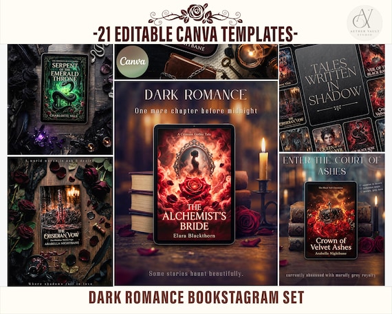 Dark Romance Bookstagram Canva Templates | 21 Editable Book Promotion Posts | Author Marketing Kit | Fantasy Romance Social Media Pack