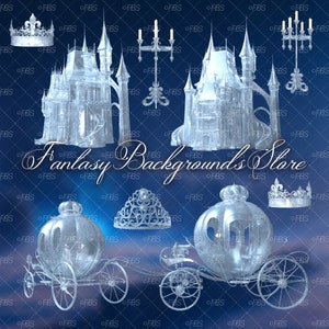 May include: A collection of fantasy-themed digital art elements, including castles, carriages, crowns, and candelabras. The objects are rendered in a translucent, icy style against a gradient blue background. The text "Fantasy Backgrounds Store" is also present.