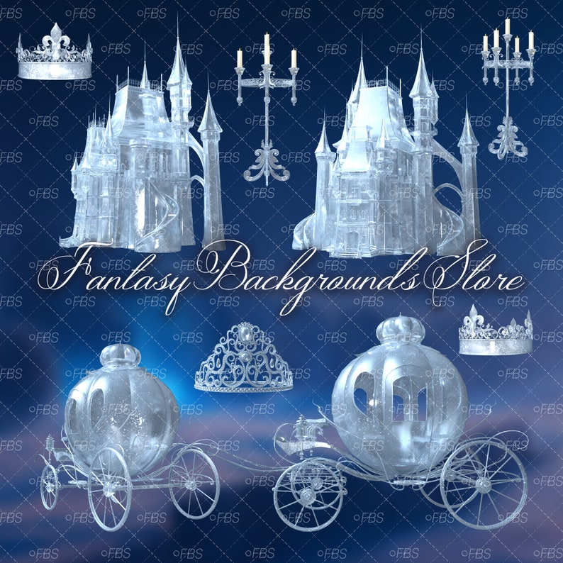May include: A collection of fantasy-themed digital art elements, including castles, carriages, crowns, and candelabras. The objects are rendered in a translucent, icy style against a gradient blue background. The text "Fantasy Backgrounds Store" is also present.