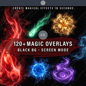 Può includere: Grafica di arte digitale con vari effetti magici in rosso, verde, oro, blu e viola. L'immagine include il testo "120+ MAGIC OVERLAYS" e "BLACK BG • SCREEN MODE". Lo sfondo è nero.
