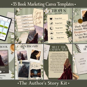 Puede incluir: Una colección de 35 plantillas de Canva para marketing de libros titulada The Author's Story Kit. Las plantillas presentan fondos verde salvia, detalles florales y marcadores de posición para portadas de libros, perfiles y moodboards.