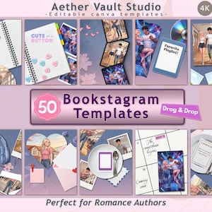 May include: A collection of 50 Bookstagram templates with a romantic theme, designed for romance authors. The templates feature various layouts, including notebooks, photos, and digital devices, with the text "Cute Button" and "Favorite Playlist!"