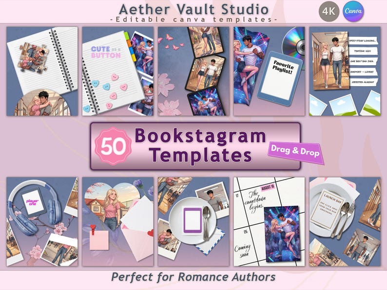 May include: A collection of 50 Bookstagram templates with a romantic theme, designed for romance authors. The templates feature various layouts, including notebooks, photos, and digital devices, with the text "Cute Button" and "Favorite Playlist!"