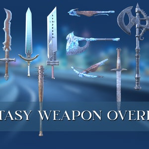 Puede incluir: Una colección de superposiciones de armas de fantasía, que incluyen espadas, hachas, una ballesta, una maza y un bastón. Las armas son todas de plata y oro con detalles intrincados.