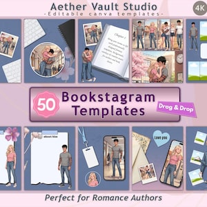 May include: A collection of 50 Bookstagram templates for romance authors. The templates feature illustrations of couples, open books, and smartphone mockups. The text includes "Aether Vault Studio", "Bookstagram Templates", and "Perfect for Romance Authors".