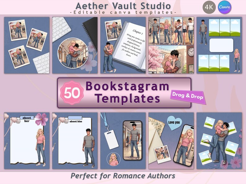 May include: A collection of 50 Bookstagram templates for romance authors. The templates feature illustrations of couples, open books, and smartphone mockups. The text includes "Aether Vault Studio", "Bookstagram Templates", and "Perfect for Romance Authors".