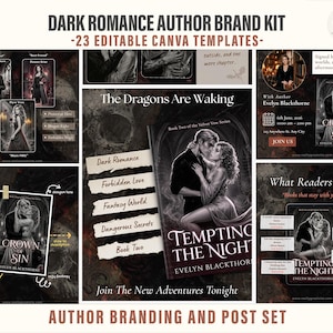 Può includere: Un kit di branding per autori di dark romance con 23 modelli Canva modificabili. Il set include grafiche promozionali per i libri Tempting the Night e Crown of Sin, volantini per eventi, layout per recensioni dei lettori e schede personaggio.