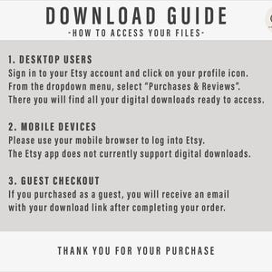 May include: A digital download guide with the title DOWNLOAD GUIDE - HOW TO ACCESS YOUR FILES. It provides instructions for desktop users, mobile devices, and guest checkout on Etsy, including a logo for Aether Vault Studio at the top right corner.