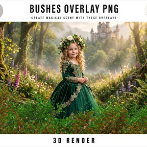 May include: A child in a green dress and floral crown poses in a forest setting. The image features the text "Bushes Overlay PNG" and "Create Magical Scene With These Overlays". A castle is seen in the background.