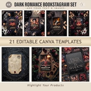 May include: A collection of 21 editable Canva templates titled Dark Romance Bookstagram Set, featuring dark aesthetic book covers, aged parchment paper with text, red roses, candles, and gothic elements for social media content creation.