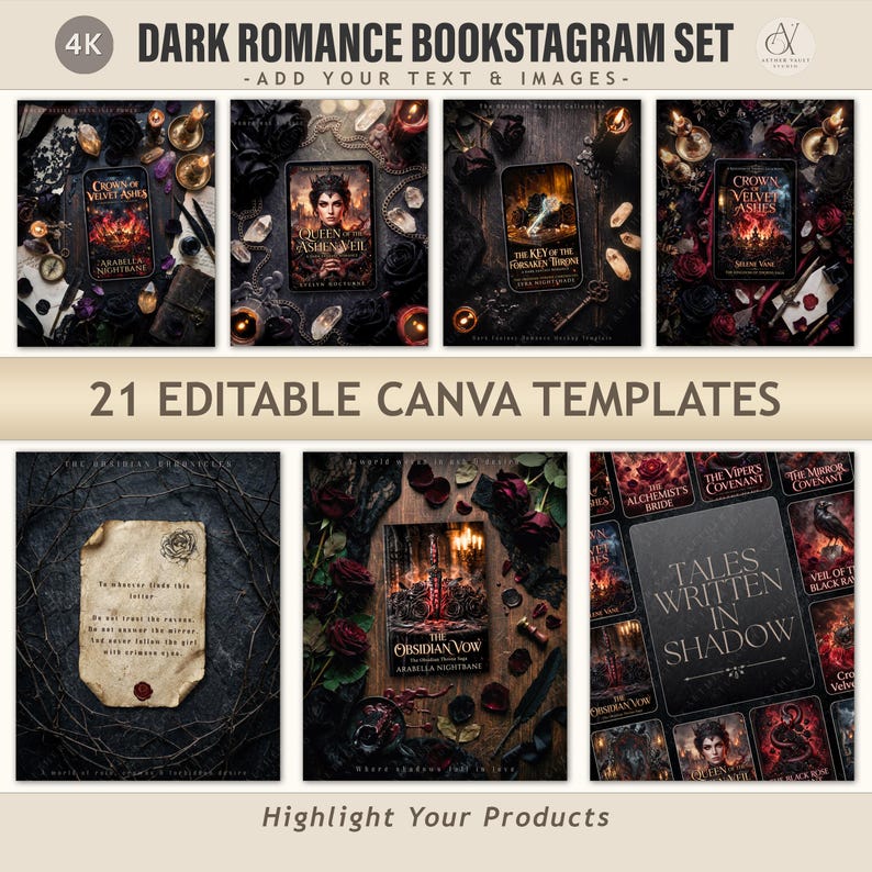 May include: A collection of 21 editable Canva templates titled Dark Romance Bookstagram Set, featuring dark aesthetic book covers, aged parchment paper with text, red roses, candles, and gothic elements for social media content creation.
