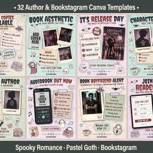 May include: A set of 32 digital Canva templates for authors and bookstagrammers featuring a spooky romance and pastel goth theme. The grid displays eight distinct social media post designs with text, illustrations of ghosts, bats, and spiders, and placeholders for book covers, character photos, and author information.