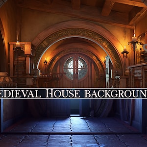 May include: A medieval-style house interior with arched doorways, wooden beams, and a stone floor. The room is lit by candles and has a warm, inviting atmosphere. The text "MEDIEVAL HOUSE BACKGROUNDS" is displayed at the bottom of the image.