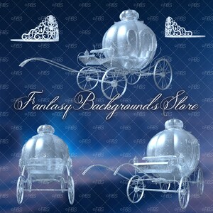 May include: A digital illustration featuring a glass carriage, tiaras, and the text "Fantasy Backgrounds Store" on a blue background. The carriage has intricate details, including wheels and a domed top. Two tiaras are displayed on the top and left side of the image.