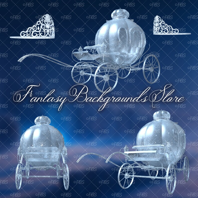 May include: A digital illustration featuring a glass carriage, tiaras, and the text "Fantasy Backgrounds Store" on a blue background. The carriage has intricate details, including wheels and a domed top. Two tiaras are displayed on the top and left side of the image.