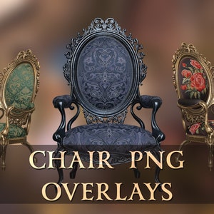 May include: Three ornate chairs with different upholstery patterns. The chairs have gold frames and intricate carvings. The chair in the centre has a black frame and dark blue upholstery with a floral pattern. The chair on the left has green upholstery with a floral pattern. The chair on the right has red and green floral upholstery.