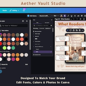 May include: A digital interface for Canva showing a design template titled What Readers Say. The layout features a book cover titled Whispers Between Shelves by Madeline Rivers, surrounded by four testimonial boxes with five-star ratings.
