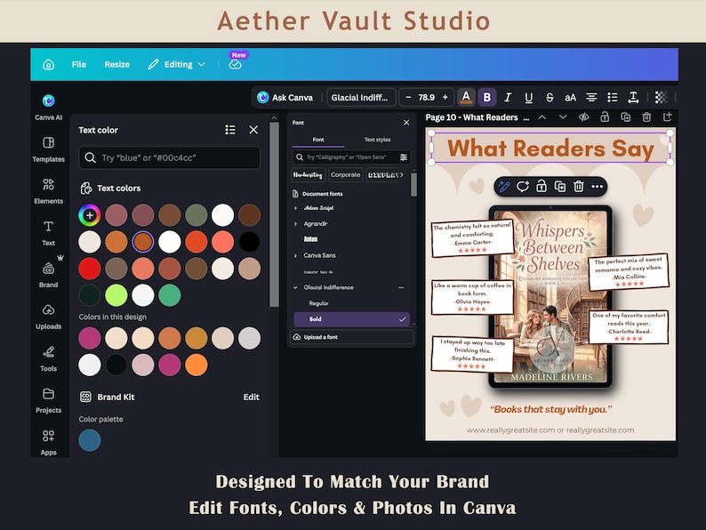 May include: A digital interface for Canva showing a design template titled What Readers Say. The layout features a book cover titled Whispers Between Shelves by Madeline Rivers, surrounded by four testimonial boxes with five-star ratings.