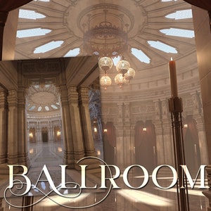 May include: A grand ballroom with a high, domed ceiling and a chandelier hanging from the centre. The room is decorated with columns and arches, and there are large windows on the sides. The text "BALLROOM" is written in a decorative font across the bottom of the image.