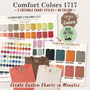 May include: A digital colour chart for Comfort Colors 1717 t-shirts featuring 60 distinct colour swatches arranged in a grid. The display includes two editable chart styles, text labels for each colour, and three folded t-shirts in coral, brown, and cream.